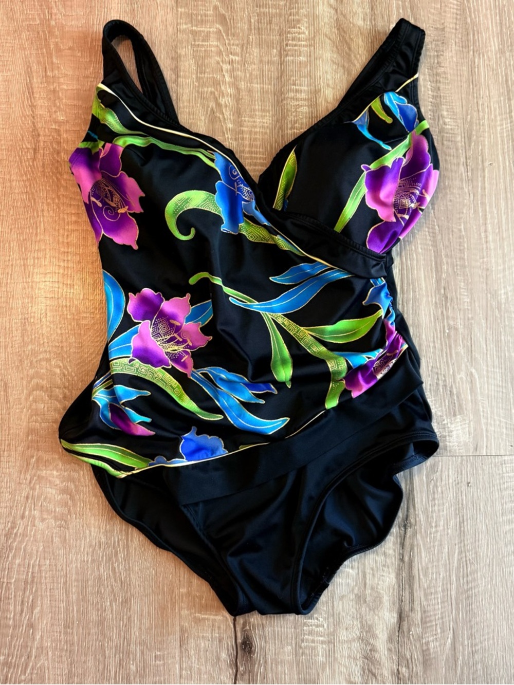 Longitude Womens Swimsuit 18W One Piece Floral Tummy Control Ruched Black Plus